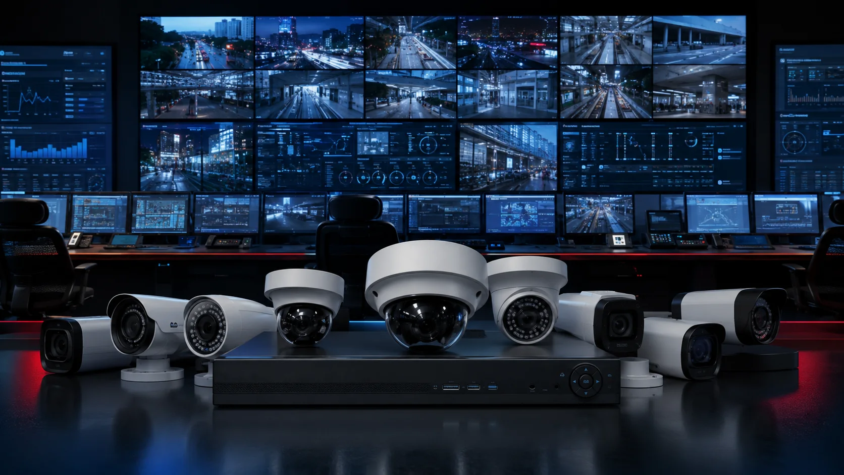 Centro de control de videovigilancia con cámaras CCTV, NVR y muro de monitoreo