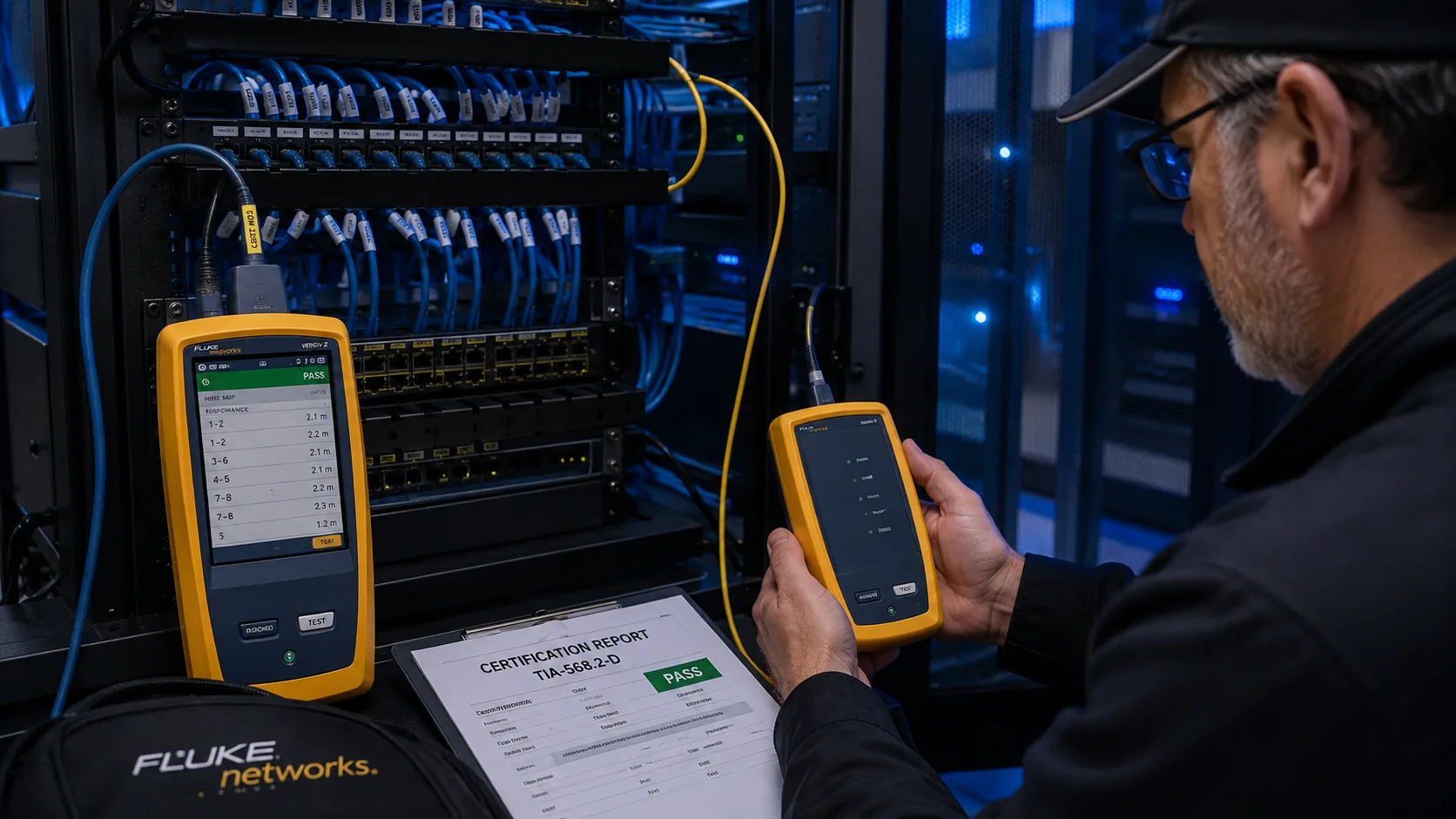 Técnico realizando pruebas de certificación Fluke en un rack de telecomunicaciones