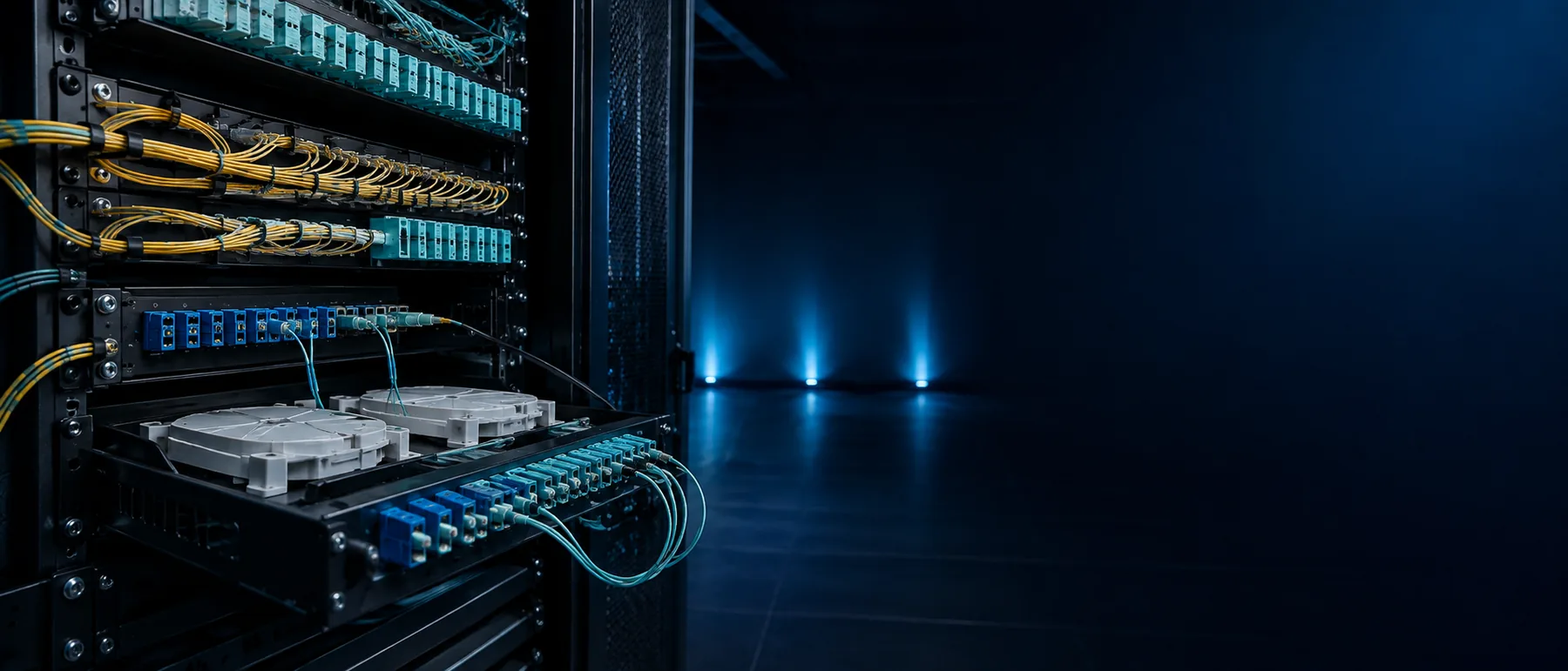 Infraestructura de fibra óptica, ODF y rack de telecomunicaciones